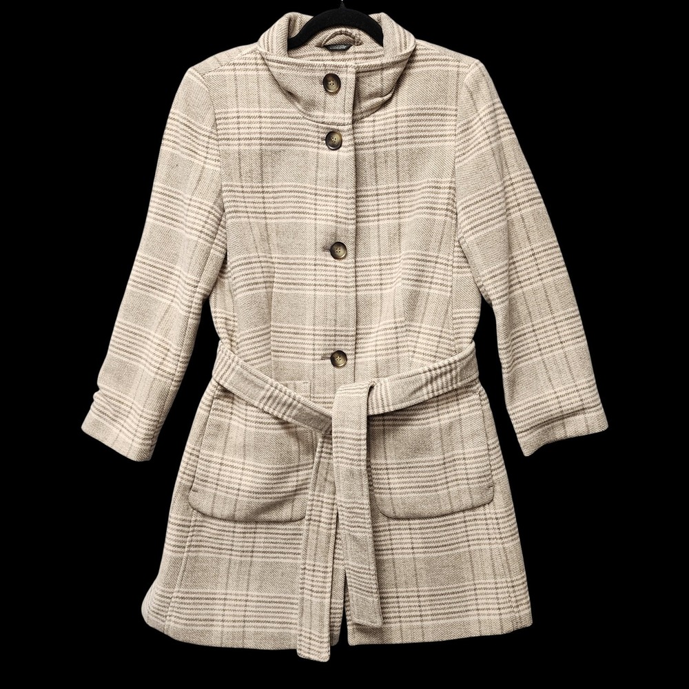 DKNY Plaid Wool Blend Coat Womens‎ XS Beige Button-Front Lined Belted Preppy